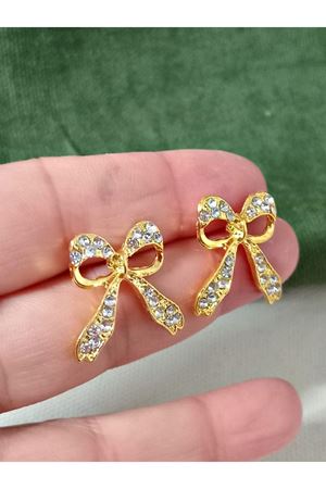 Gold Taşlı Fiyonk Tasarım Küçük Kadın Küpe