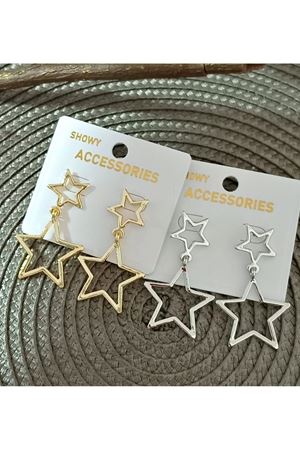 Gümüş Çift Yıldız Temalı Sallantılı Kadın Küpe