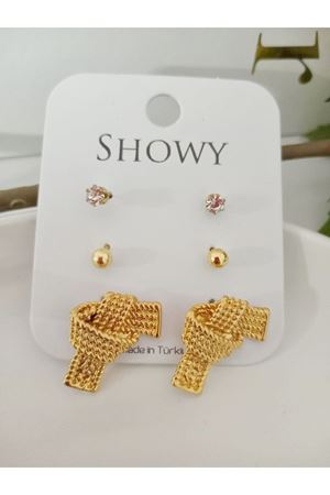 Gold 3 Lü Set Gold Düğüm Kadın Küpe