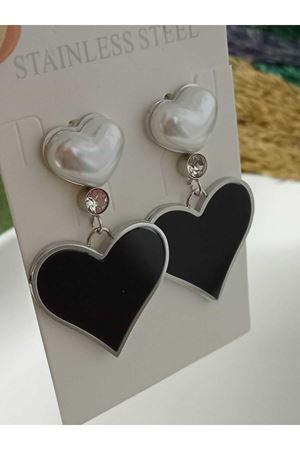 Sallantılı İncili Siyah Kalp Şık Kadın Küpe