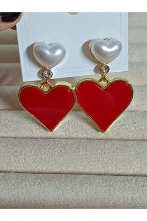 Sallantılı İncili Kırmızı Kalp Şık Kadın Küpe