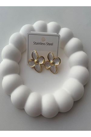 Çelik Krem Mineli Çiçek Tasarım Kadın Küpe