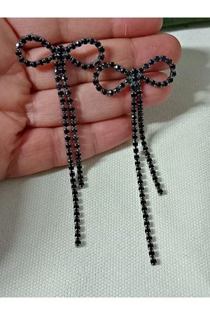 Siyah Zirkon Taşlı Fiyonk Sallantılı Uzun Abiye Kadın Küpe