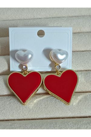 Sallantılı İncili Kırmızı Kalp Şık Kadın Küpe