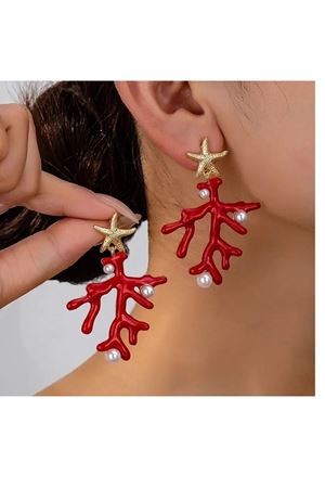 Kırmızı Mercan Gold İncili Hafif  Kadın Küpe