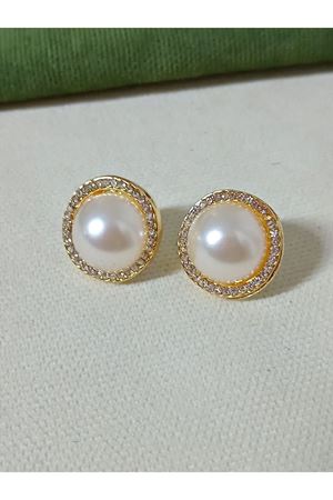 Gold Zirkon Taşlı Incili Düğme Kadın Küpe