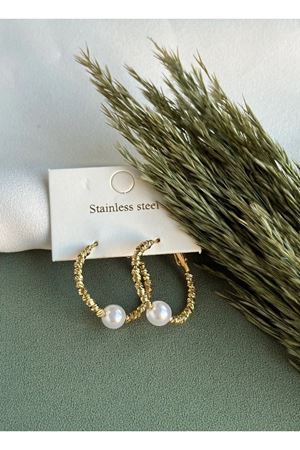 Çelik İncili Halka Tasarım Kadın Küpe