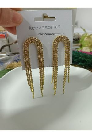 Gold Taşlı Sallantılı Uzun Kadın Abiye Küpe