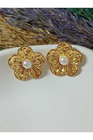 Gold Renk İncili Çiçek Kadın Küpe