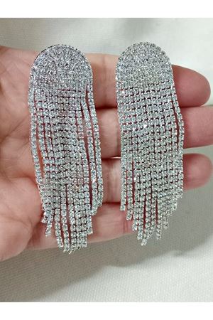 Beyaz Taşlı Sallantılı Uzun Kadın Abiye Küpe, Püskül Küpe