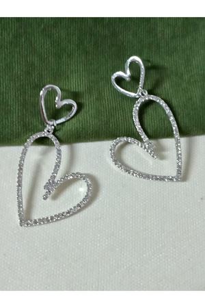 Gümüş Kristal Taşlı Çift Kalp Kadın Abiye Küpe,suyolu