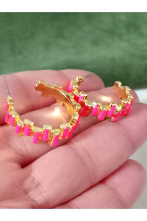 Pembe Mineli Gold Şık Halka Küpe