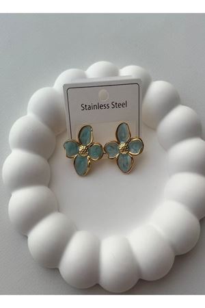 Çelik Mavi Mineli Çiçek Tasarım Kadın Küpe