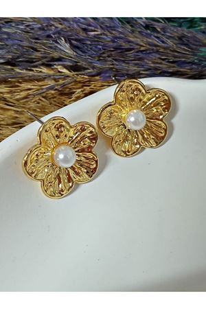 Gold Renk İncili Çiçek Kadın Küpe