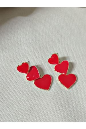 Kırmızı Mineli Üçlü Kalp Kadın Küpe