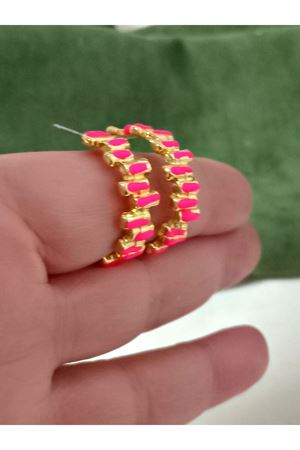 Pembe Mineli Gold Şık Halka Küpe