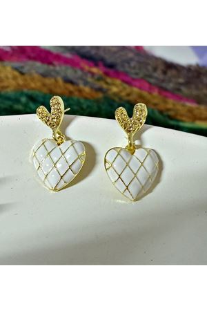 Gold Beyaz Çift Kalp Sallantılı Şık Kadın Küpe