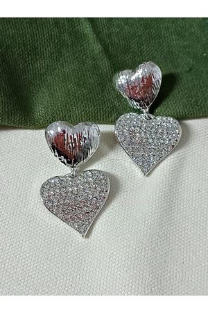 Gümüş Çift Kalp Zirkon Taşlı Abiye Günlük Kadın Küpe