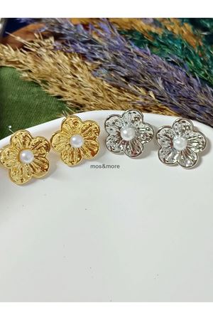 Gold Renk İncili Çiçek Kadın Küpe