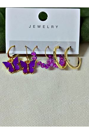 6 Lı Set Mor Kelebek Boncuklu Halka Kadın Küpe