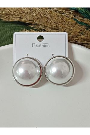 Gümüş Yuvarlak Tasarım Inci Düğme Büyük Kadın Küpe