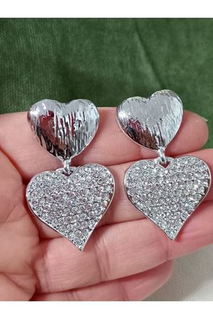 Gümüş Çift Kalp Zirkon Taşlı Abiye Günlük Kadın Küpe