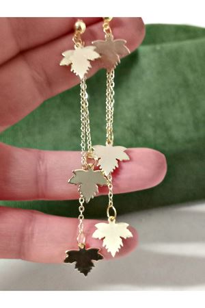 Gold Çınar Yaprağı Sallantılı Uzun Şık Küpe