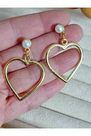 Gold İncili Kalp Şık Sallantılı Kadın Küpe