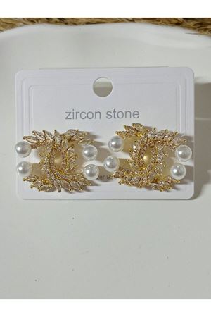 Gold Zirkon Taşlı Incili Marka Şık Kadın Küpe