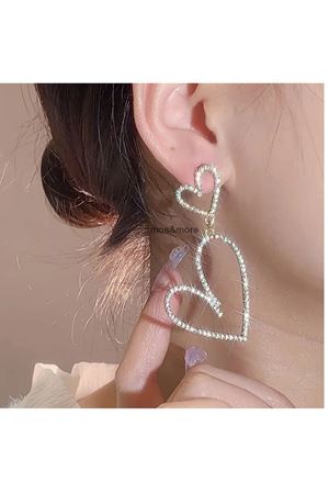 Gümüş Kristal Taşlı Çift Kalp Kadın Abiye Küpe,suyolu