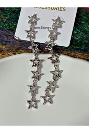 Gümüş Renk Uzun Tasarım Yıldız Kadın Küpe