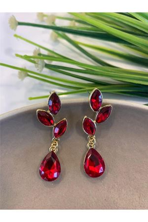Kırmızı Gold Kristal Taşlı Yaprak Küpe
