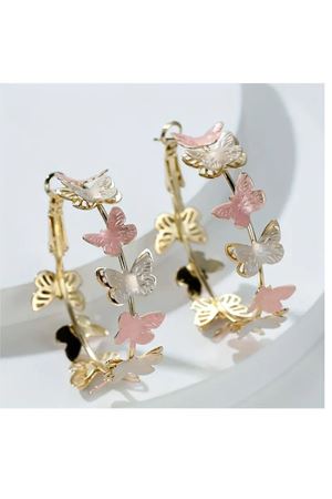 Renkli Kelebekler 4,5cm Gold Hafif Halka  Kadın Küpe