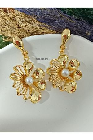 Gold Renk İncili Büyük Sallantılı Şık Çiçek Kadın Küpe