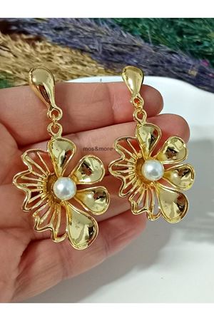 Gold Renk İncili Büyük Sallantılı Şık Çiçek Kadın Küpe