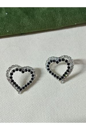 Gümüş Siyah Beyaz Kristal Taşlı Kalp Kadın Abiye Küpe