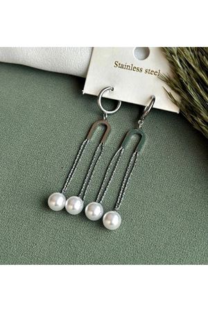 Çelik İncili Uzun Tasarım Kadın Küpe