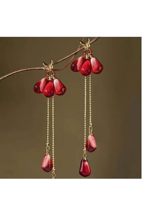 Nar Tohumu Çelik Uzun Sallantılı Gold Kadın Küpe