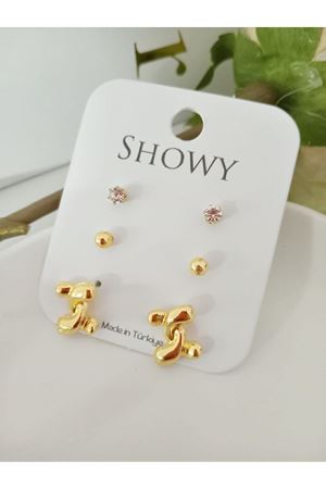 Gold 3 Lü Set Gold Düğüm Kadın Küpe