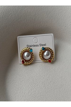 Çelik Renkli Taşlı İncili Marka Kadın Küpe