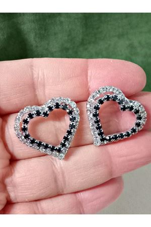 Gümüş Siyah Beyaz Kristal Taşlı Kalp Kadın Abiye Küpe