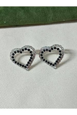 Gümüş Siyah Beyaz Kristal Taşlı Kalp Kadın Abiye Küpe
