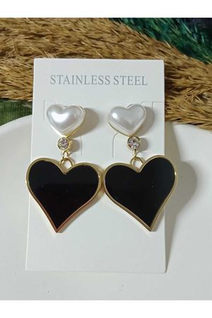 Sallantılı İncili Siyah Kalp Şık Kadın Küpe