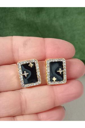 Gold Siyah Mineli Minimal Kuzey Yıldızı Kadın Küpe