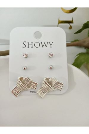 Gümüş 3 Lü Set Gold Düğüm Kadın Küpe