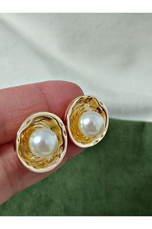 Çelik Gold Ortası İnci Şık  Kadın Küpe