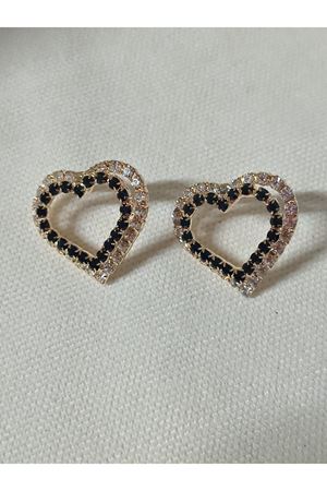 Gold Siyah Beyaz Kristal Taşlı Kalp Kadın Abiye Küpe