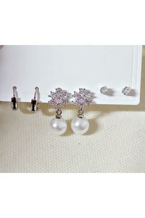 925 Ayar Gümüş 6 lı İnci-Taşlı-Halka Kadın Küpe Seti