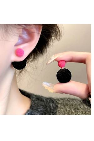 1 Çift Vintage Siyah Pembe Yuvarlak Top Tasarımı Küpe.925 ayar gümüş