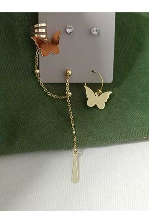 Gold Kelebek Kıkırdak  Sallantılı Uzun Şık Küpe